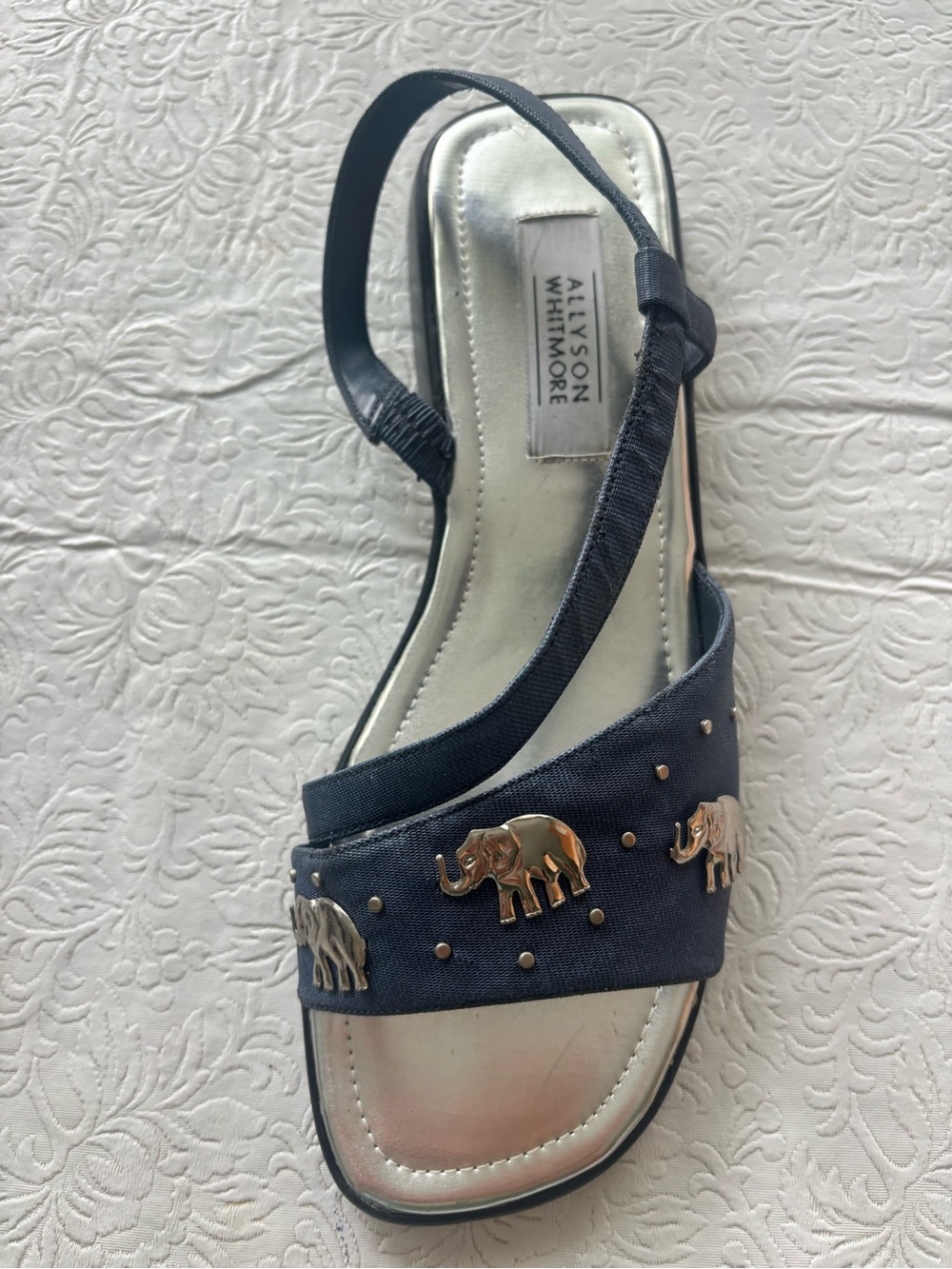 Vintage Allyson Whitmore Silver Elephant-Embellished Slingback Sandals, Size 9 - Picture 2 of 15